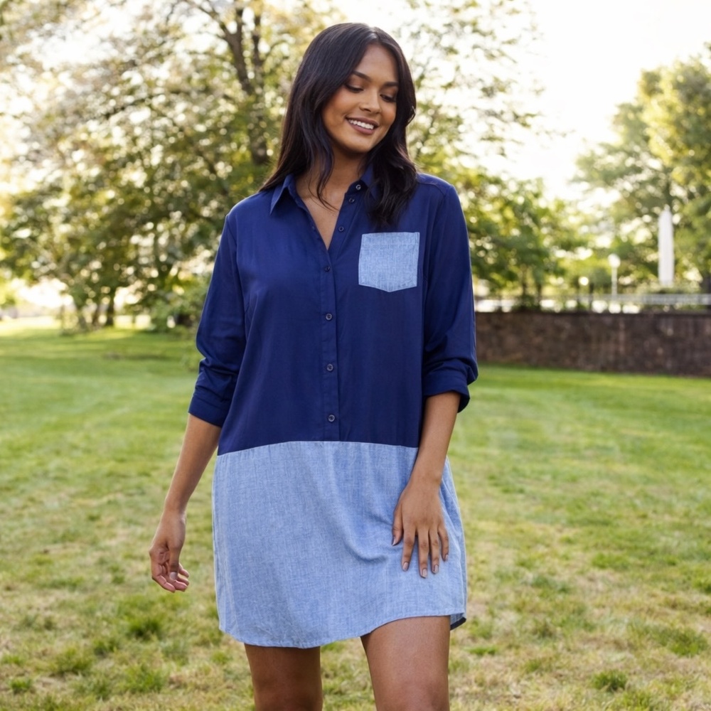 Coastal Classic Colorblock Shirt Dress Tunic Blue Rayon GH Bass
